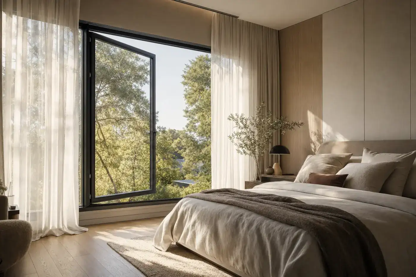Tall black aluminium casement window swung open in a calm bedroom