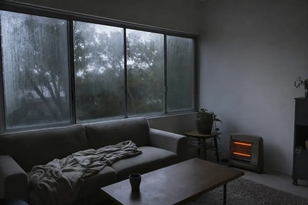 A cold, dim living room with condensation on an old single glazed window and a heater running