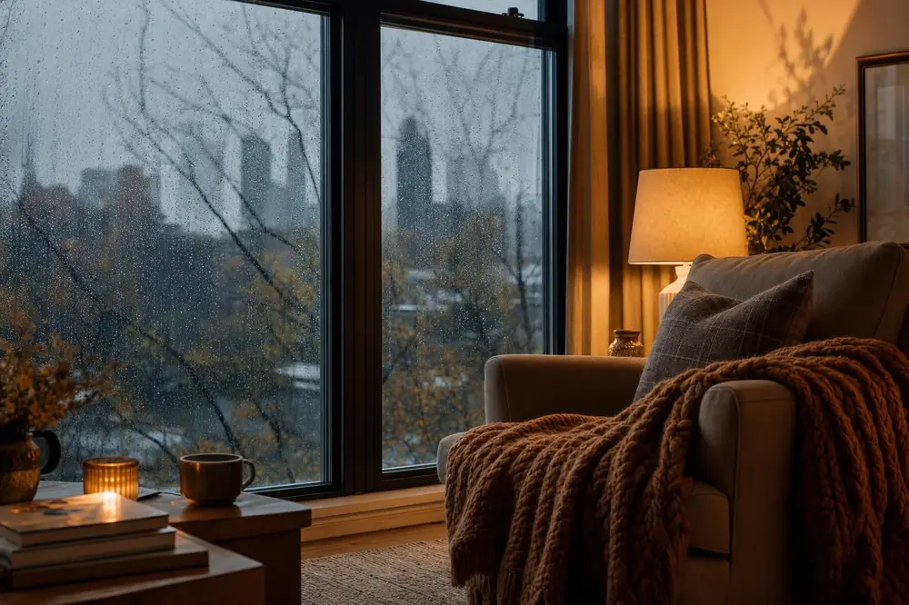 A warm lamp-lit living room behind large double glazed windows on a cold, rainy Melbourne evening