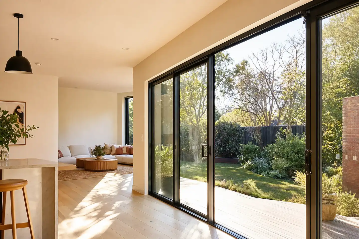 Black aluminium double-glazed sliding doors opening a sunlit living room onto a timber deck and garden