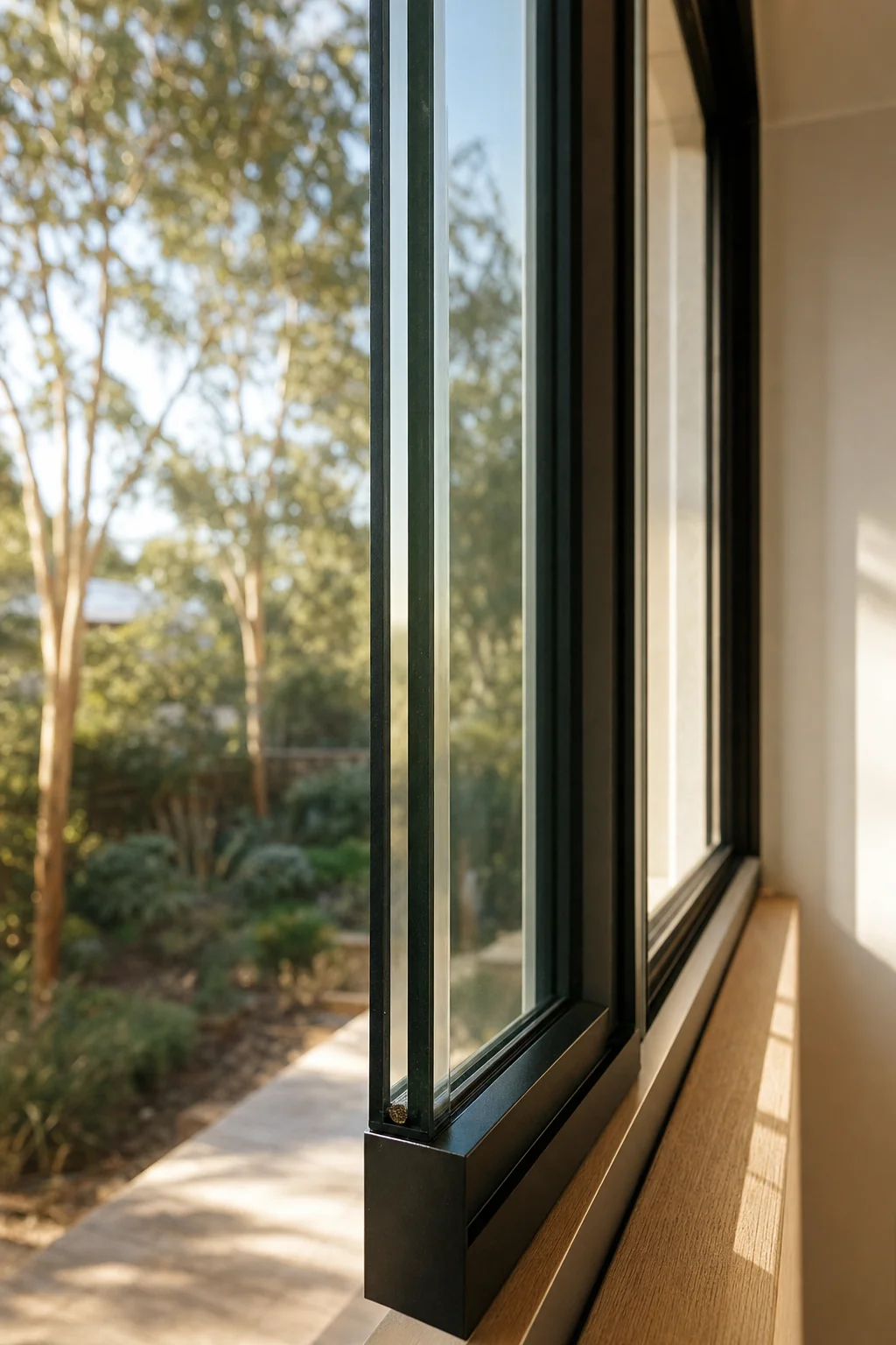 Edge of a black aluminium double glazed window, showing its two panes of glass and the sealed gap between them