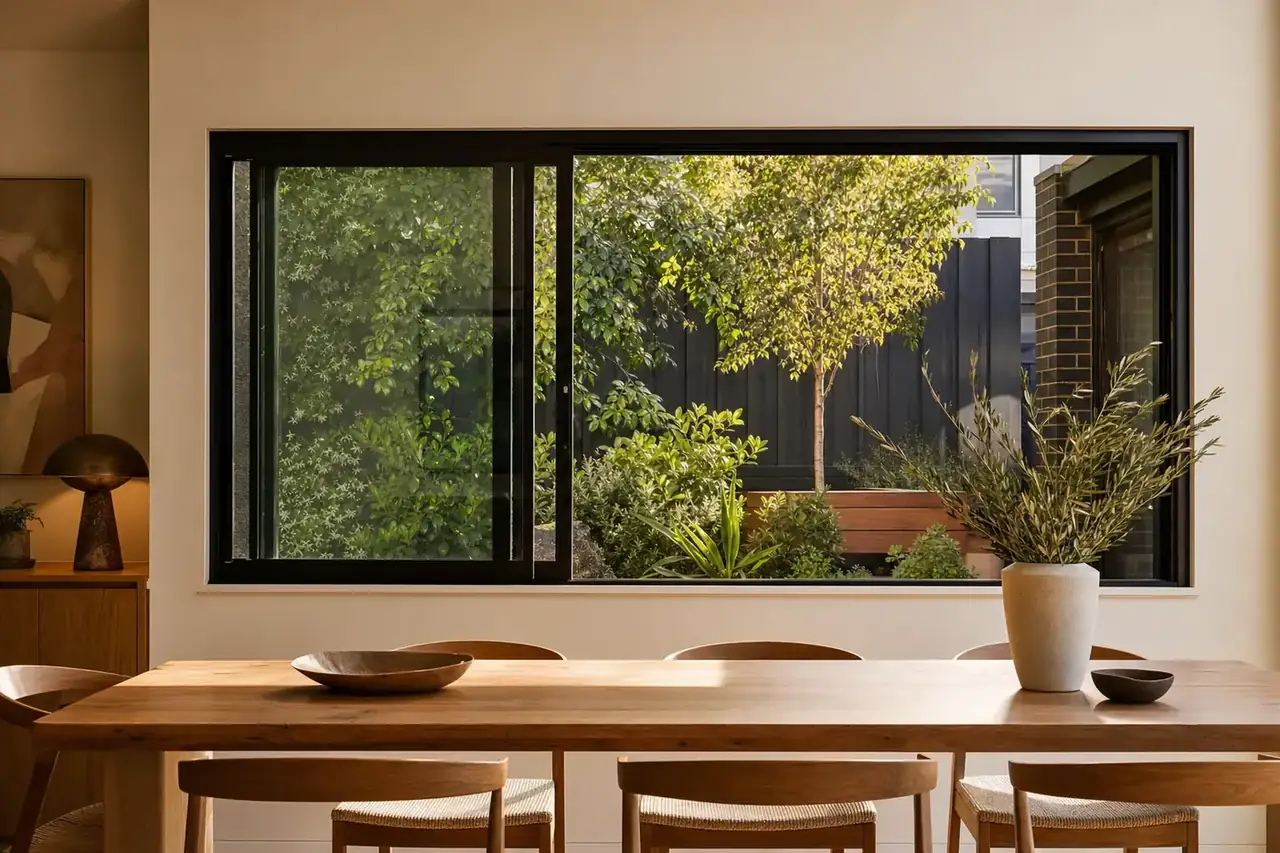 Wide black aluminium sliding window open above a timber dining table
